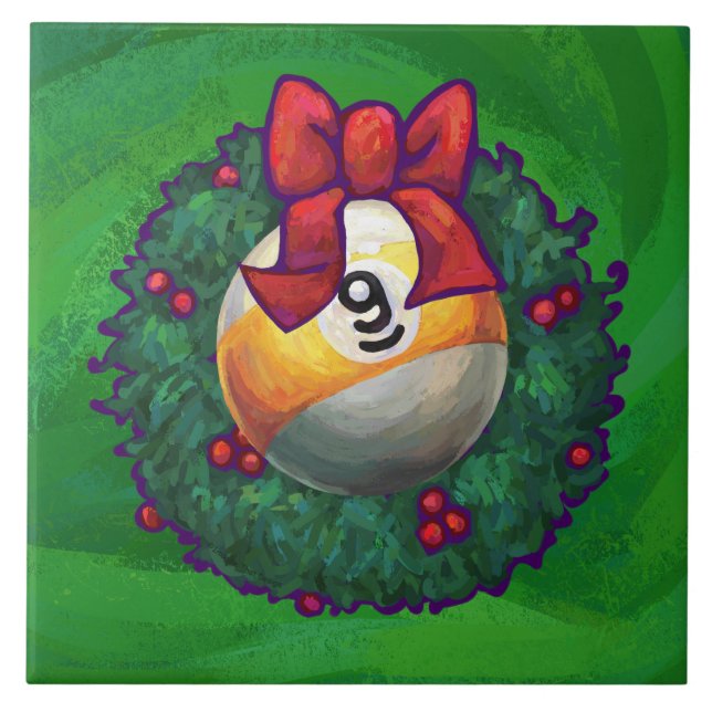 Nine Ball in Wreath on Green Ceramic Tile (Front)