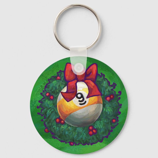 Nine Ball in Wreath on Green Keychain (Front)