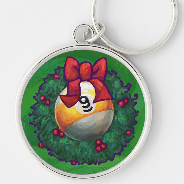 Nine Ball in Wreath on Green Keychain (Front)