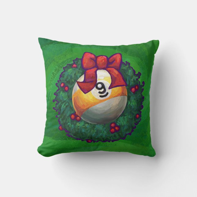 Nine Ball in Wreath on Green Throw Pillow (Front)