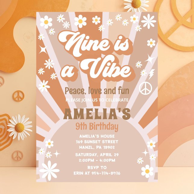 Nine Birthday Invite | Groovy Girl Party Card (Creator Uploaded)