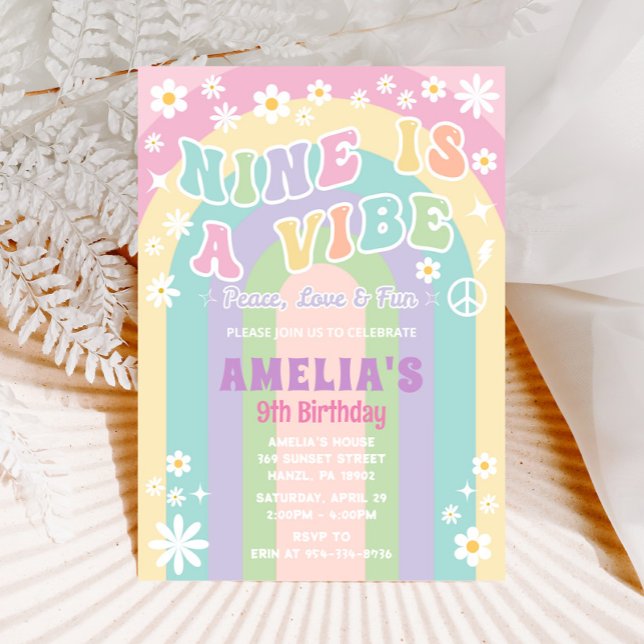 Nine Birthday Invite | Groovy Girl Party Card (Creator Uploaded)