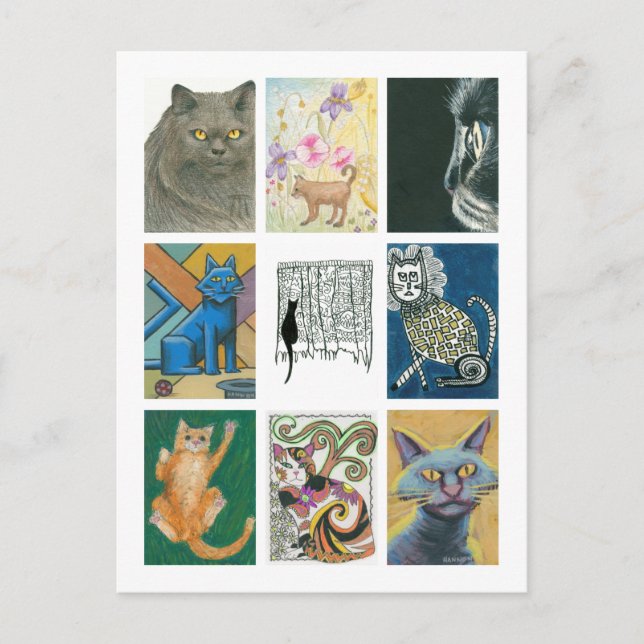 Nine Cats Multiple Artists Illustration Postcard (Front)