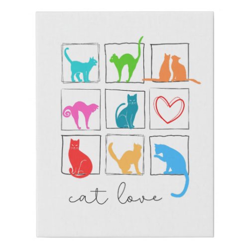 nine colorful cats in square frames and one heart  faux canvas print