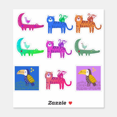 Nine Colorful Cute Assorted Animals and Birds Sticker