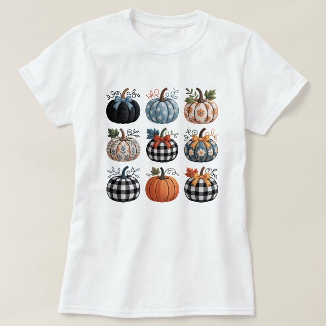 Nine Decorative Pumpkins Embroidery T-Shirt  (Design Front)
