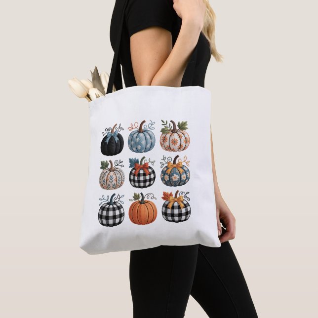 Nine Decorative Pumpkins Embroidery Tote Bag (Close Up)