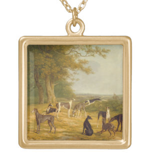Nine Greyhounds in a Landscape (oil on canvas) Gold Plated Necklace