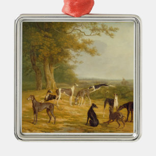 Nine Greyhounds in a Landscape (oil on canvas) Metal Ornament