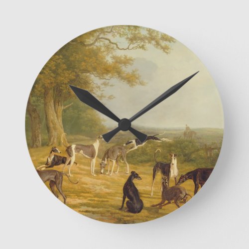 Nine Greyhounds in a Landscape oil on canvas Round Clock