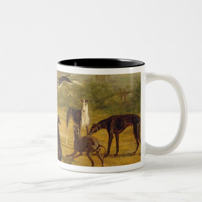 Nine Greyhounds in a Landscape (oil on canvas) Two-Tone Coffee Mug (Right)