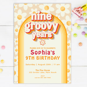 Nine Groovy Years 9th Birthday Invitation Retro