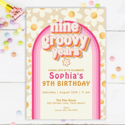 Nine Groovy Years Boho Daisy Rainbow Birthday Invitation