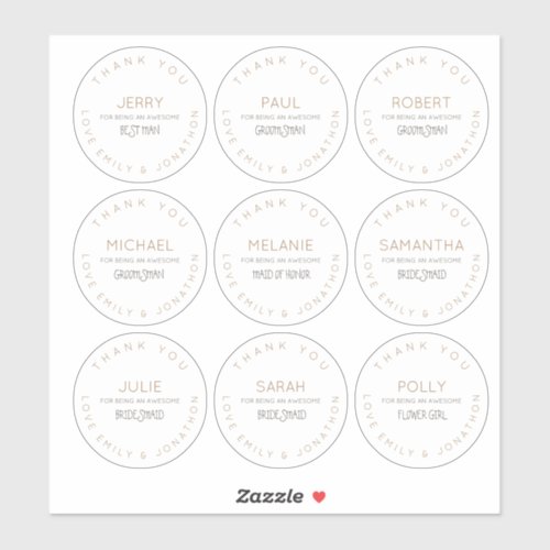 Nine Individual Names Thank You Bridal Party Small Sticker