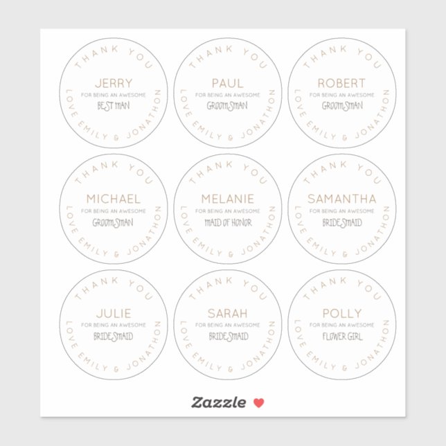 Nine Individual Names Thank You Bridal Party Small Sticker (Sheet)