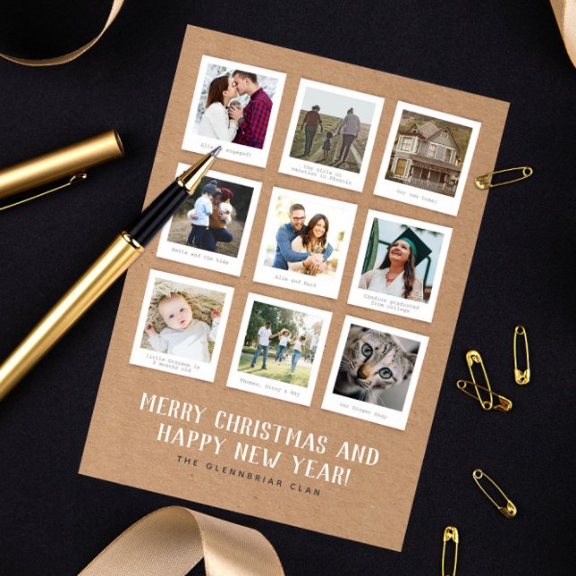 Nine Instant Photo Style Year in Review Holiday Card (instant photo print style collage of nine photos and caption text Christmas and new year card)