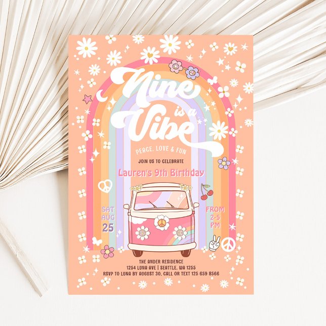 Nine is a Vibe Daisy Groovy Van 9th Birthday Invitation (Creator Uploaded)