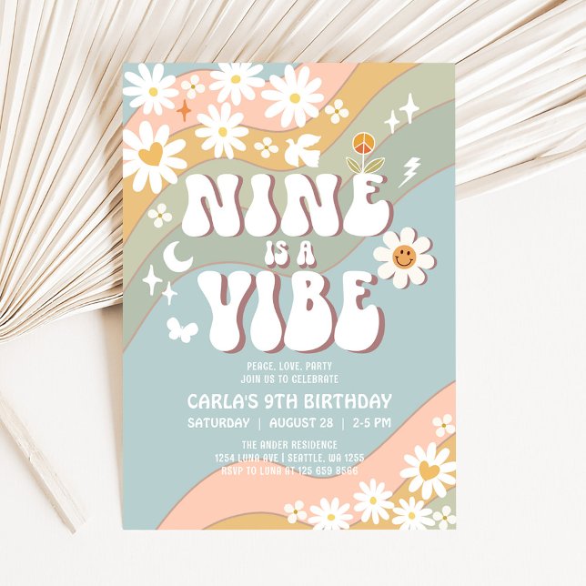 NINE is a Vibe Daisy Hippie 70s Retro Birthday Invitation (Creator Uploaded)