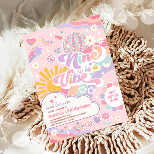Nine Is A Vibe Disco Rainbow Sun 9th Birthday Invitation