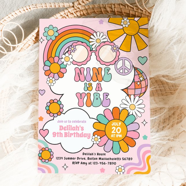 Nine Is A Vibe Groovy 70s Flower Power Birthday Invitation (Creator Uploaded)