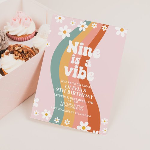 Nine is a Vibe groovy daisy rainbow 9th birthday Invitation