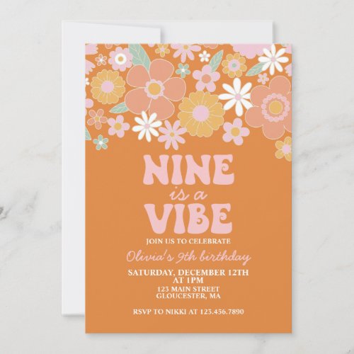 Nine is a vibe Groovy Retro Floral 9th birthday Invitation