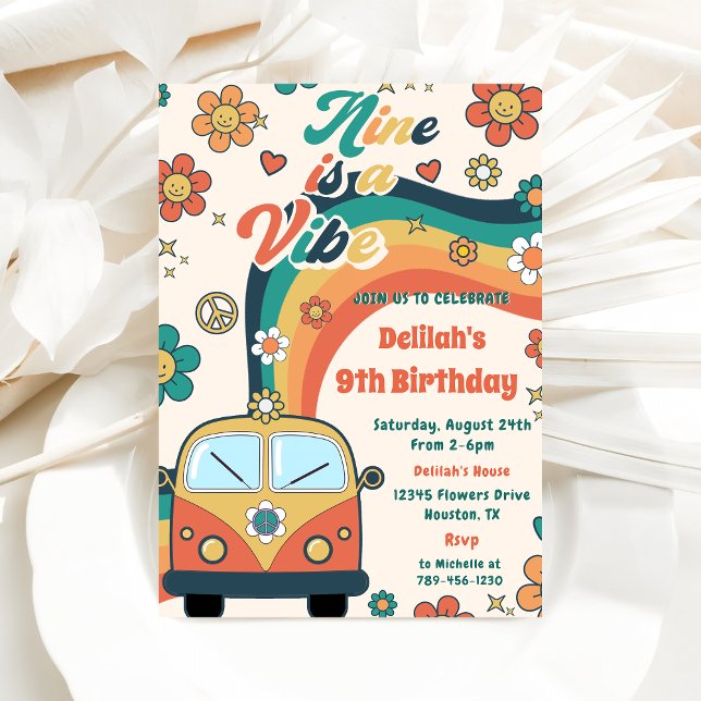 Nine Is A Vibe Groovy Retro Floral 9th Birthday Invitation (Creator Uploaded)
