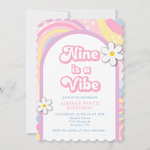 Nine is a Vibe Groovy Retro Girl Pastel Colors Invitation