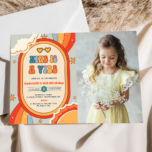 Nine Is A Vibe Groovy Retro Rainbow 9th Birthday Invitation