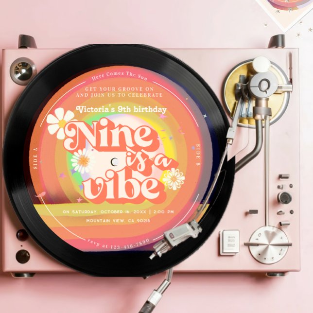 Nine is a Vibe Groovy Retro Vinyl Rainbow Daisy Invitation (Creator Uploaded)