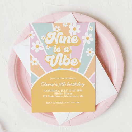 Nine is a Vibe Pastel Retro Sunshine daisy Invitation