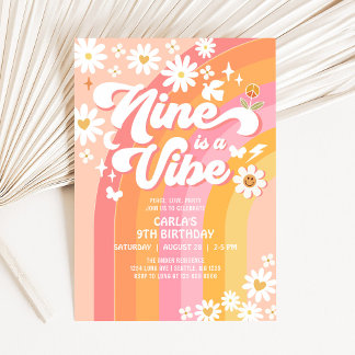 NINE is a Vibe Pink Peach 9th Groovy Birthday Invitation