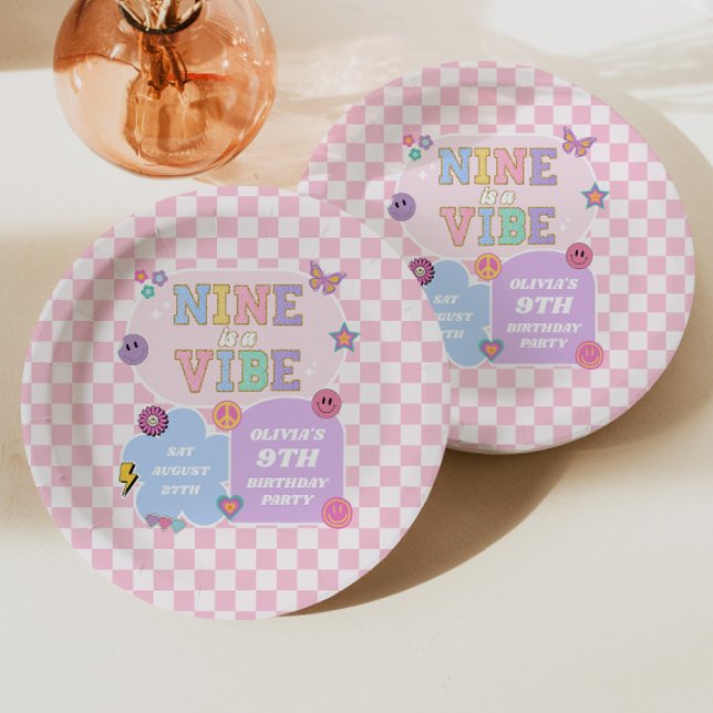 Nine Is A Vibe Preppy Patch 9th Birthday Party Paper Plates (Creator Uploaded)