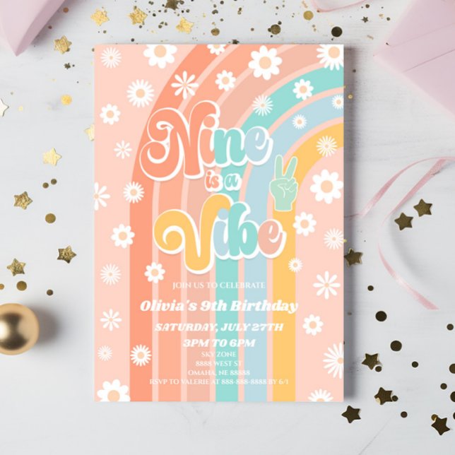 Nine Is A Vibe Rainbow Daisy 9th Birthday Party Invitation (Creator Uploaded)