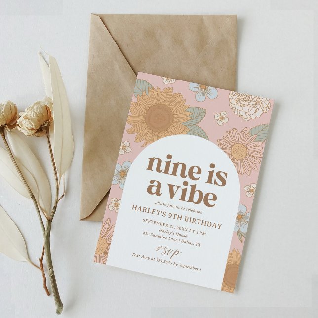 Nine is a Vibe Retro Floral 9th Birthday Invitation (Creator Uploaded)