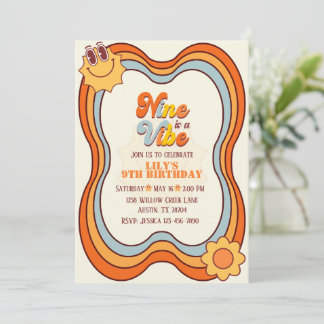 Nine Is a Vibe Retro Groovy Rainbow 9th Birthday Invitation
