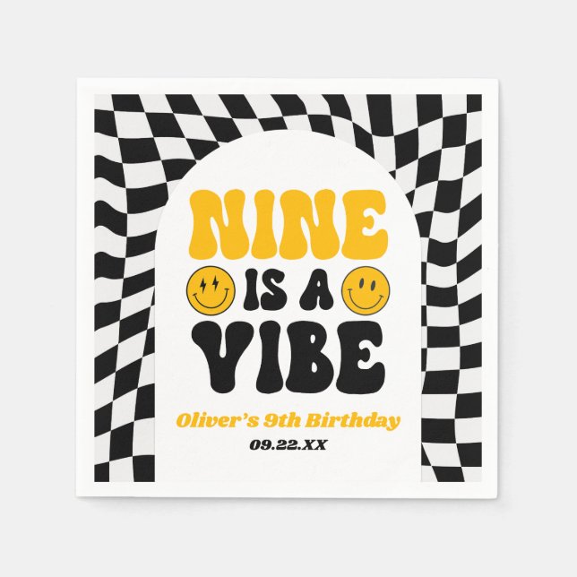 Nine Is A Vibe Retro Ninth 9th Birthday Party Napkins (Front)
