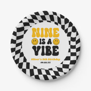 Nine Is A Vibe Retro Ninth 9th Birthday Party Paper Plates