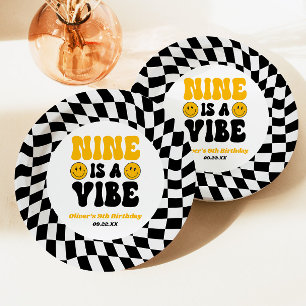 Nine Is A Vibe Retro Ninth 9th Birthday Party Paper Plates