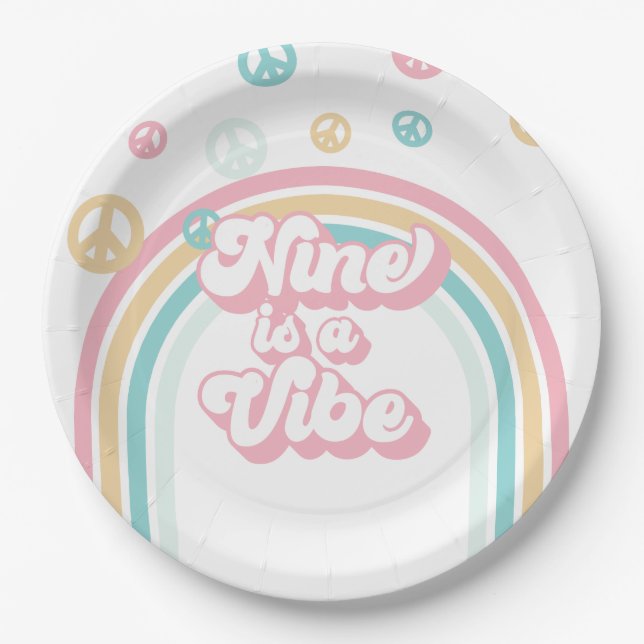 Nine is a Vibe Retro Summer Rainbow Paper Plates (Front)