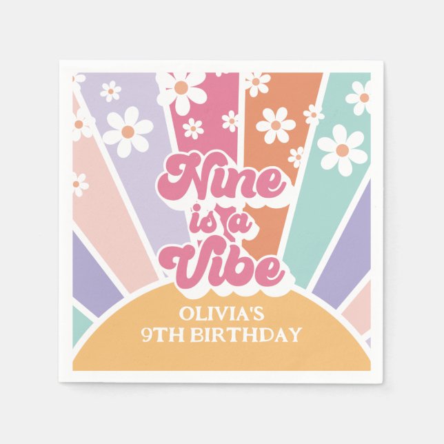 Nine is a Vibe Retro Sunshine Rainbow Daisy Napkins (Front)