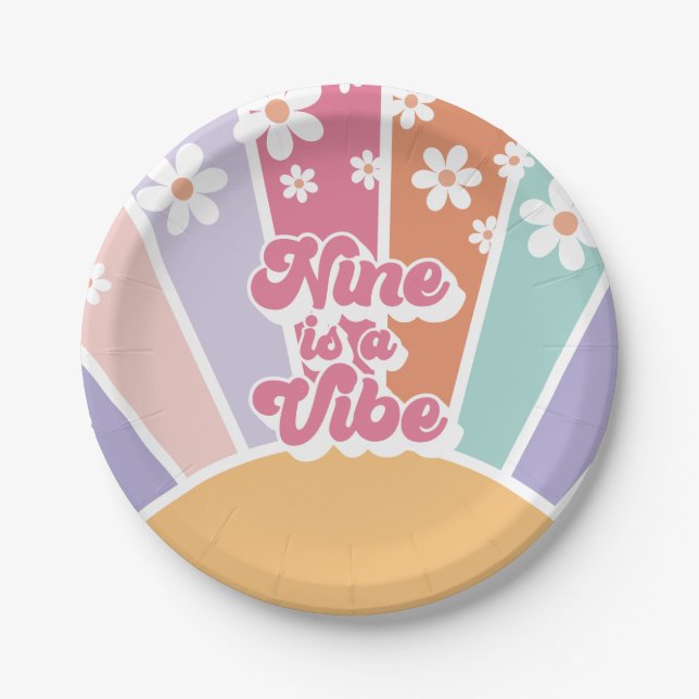 Nine is a Vibe Retro Sunshine Rainbow Daisy Paper Plates (Front)