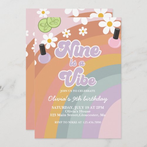 Nine is a vibe Spa Rainbow 9th Birthday Invitation