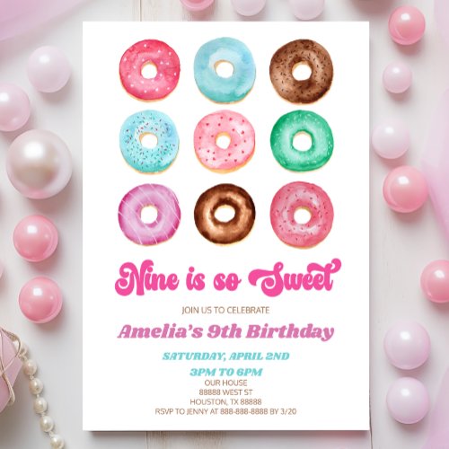 Nine Is So Sweet Donut 9th Birthday Party Invitation