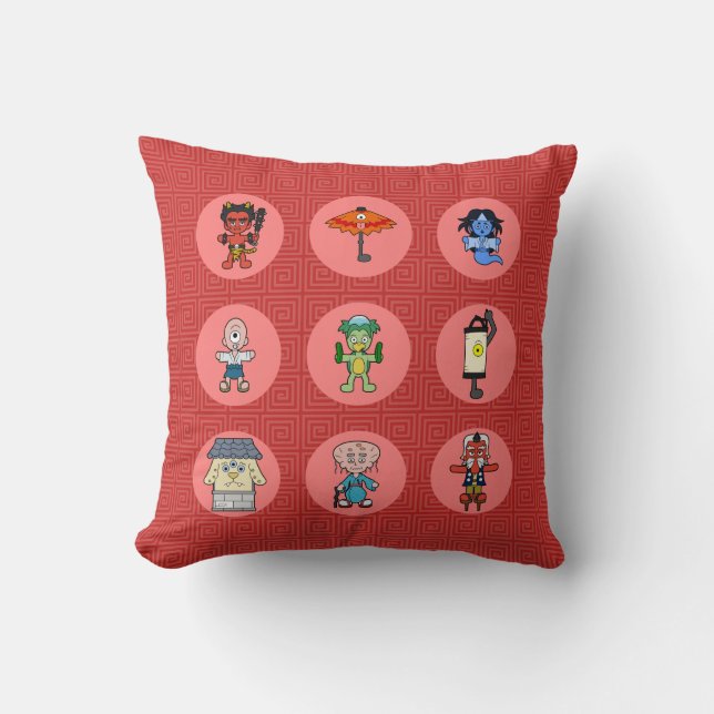 Nine Japanese Yokai Monster Throw Pillow (Front)