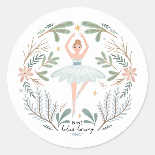 Nine Ladies Dancing 12 Days of Christmas Cute Folk Classic Round Sticker (Front)