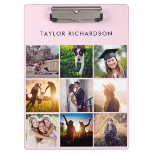 Nine Photo Collage Blush Pink and Navy Clipboard