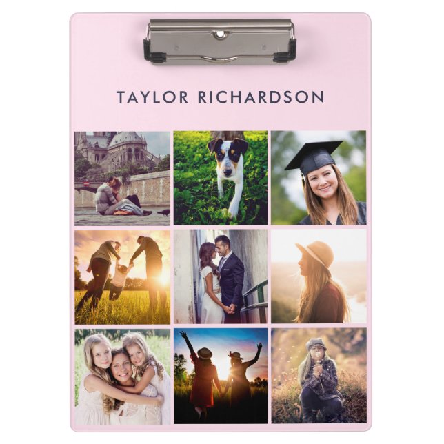 Nine Photo Collage | Blush Pink and Navy Clipboard (Front)