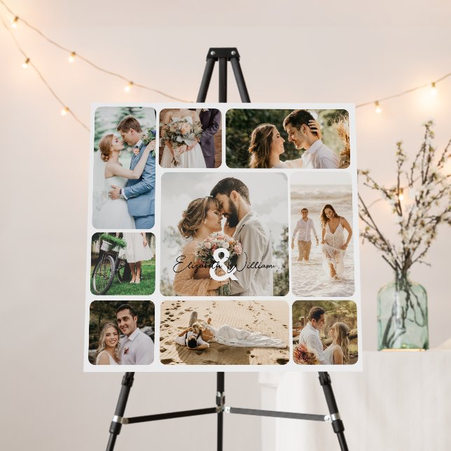 Nine Photo Collage Couple Wedding Entrance Sign (In Situ (Stand))