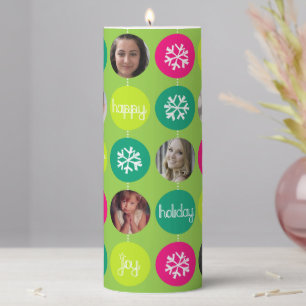 Nine photos christmas baubles green pink circles pillar candle
